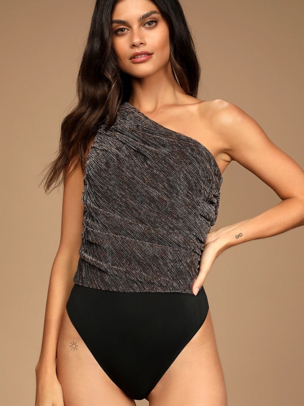 Lulus Bodysuit Top Women’s Large Metallic One Shoulder Bronze Silver Ruched B6